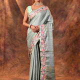 Light Sea Green Embroidered Tussar Saree