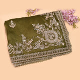 Olive Green Organza Saree With Heavy Hand Embroidered Silver Paisley Vine Border