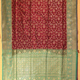 Maroon Banarasi Silk Saree With Gold Zari Floral Jaal And Teal Contrast Border