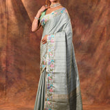 Pale Mint Green Embroidered Tussar Saree