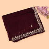 Wine Hand Embroidered Georgette Saree With Mirror Work Border