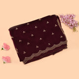 Wine Maroon Georgette Saree With All Over Hand Embroidered Butti And Chevron Border