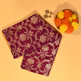 Mustard And Burgundy Banarasi Silk Saree With Gold Zari Floral Jaal Weave