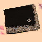 Black Saree With Stone Floral Booti And Multi-Row Gold Border
