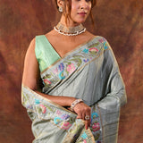 Pale Mint Green Embroidered Tussar Saree