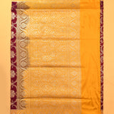 Mustard And Burgundy Banarasi Silk Saree With Gold Zari Floral Jaal Weave