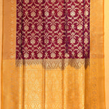 Mustard And Burgundy Banarasi Silk Saree With Gold Zari Floral Jaal Weave