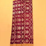 Mustard And Burgundy Banarasi Silk Saree With Gold Zari Floral Jaal Weave