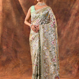 Dusty Green Floral Embroidered Tissue Silk Saree