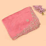 Coral Pink Hand Embroidered Mirror Floral Border Saree