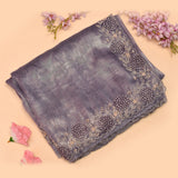 Lavender Grey Woven Saree With Hand Embroidered Pearl Floral Border