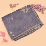 Grey-Blue Saree With Sunburst Floral Vine Embroidery