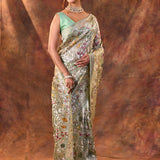 Dusty Green Floral Embroidered Tissue Silk Saree