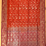 Orange Banarasi Silk Saree With Gold Zari Floral Jaal And Maroon Contrast Border