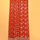 Orange Banarasi Silk Saree With Gold Zari Floral Jaal And Maroon Contrast Border