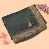 Bottle Green Hand Embroidered Saree With Intricate Gold Zari Border