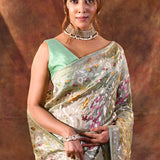 Dusty Green Floral Embroidered Tissue Silk Saree