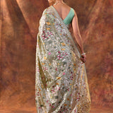 Dusty Green Floral Embroidered Tissue Silk Saree