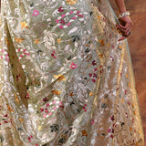 Dusty Green Floral Embroidered Tissue Silk Saree