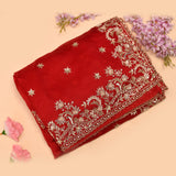 Red-Orange Shaded Organza Saree With Hand Embroidered Lotus Booti And Floral Border