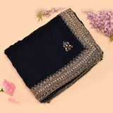 Navy Blue Georgette Saree With Heavy Hand Embroidered Gold Border