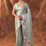 Muted Soft Green Floral Tissue Silk Saree
