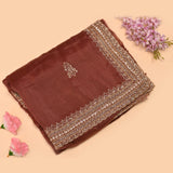 Rust Brown Organza Saree With Heavy Hand Embroidered Zari Border And Sequin Butti