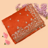 Red-Orange Shaded Organza Saree With Hand Embroidered Lotus Booti And Floral Border