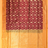 Burgundy Banarasi Silk Saree With Gold Zari Floral Jaal And Mustard Contrast Border