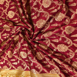 Burgundy Banarasi Silk Saree With Gold Zari Floral Jaal And Mustard Contrast Border