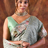 Muted Soft Green Floral Tissue Silk Saree