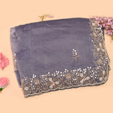 Grey Blue Georgette Saree With Hand Embroidered Butterfly And Leaf Border