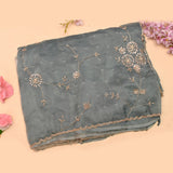 Dusty Blue Hand Embroidered Georgette Saree With Floral Creeper Work
