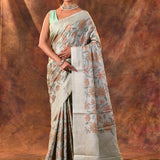 Greenish Grey Embroidered Silk Blend Saree