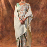 Greenish Grey Embroidered Silk Blend Saree