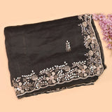 Charcoal Grey Hand Embroidered Saree With Silver Leaf Vine Border