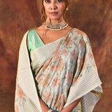 Greenish Grey Embroidered Silk Blend Saree