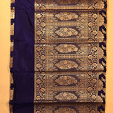 Navy Blue Banarasi Silk Saree With Gold Zari Large Floral Jaal And Arch Motif Pallu