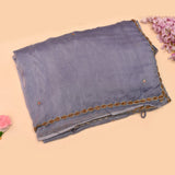 Dusty Grey-Blue Organza Saree With Hand Embroidered Floral Booti And Antique Gold Leaf Border