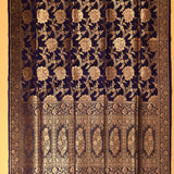 Navy Blue Banarasi Silk Saree With Gold Zari Large Floral Jaal And Arch Motif Pallu