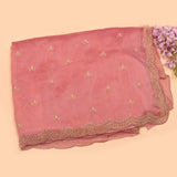 Pink Hand Embroidered Georgette Saree With Scalloped Zari Border