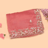 Rose Pink Hand Embroidered Georgette Saree With Mirror Work Floral Border