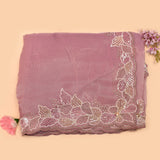 Dusty Mauve Organza Saree With Heavy Hand Embroidered Pearl Floral Border