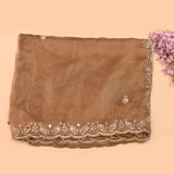 Golden Tan Hand Embroidered Mirror Floral Scalloped Border Saree