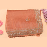 Peach Hand Embroidered Silver Stone Scalloped Dual Border Saree