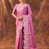 Fuchsia Pink Floral Embroidered Silk Blend Saree