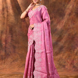Fuchsia Pink Floral Embroidered Silk Blend Saree