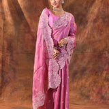 Fuchsia Pink Floral Embroidered Silk Blend Saree