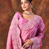 Fuchsia Pink Floral Embroidered Silk Blend Saree