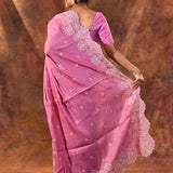 Fuchsia Pink Floral Embroidered Silk Blend Saree